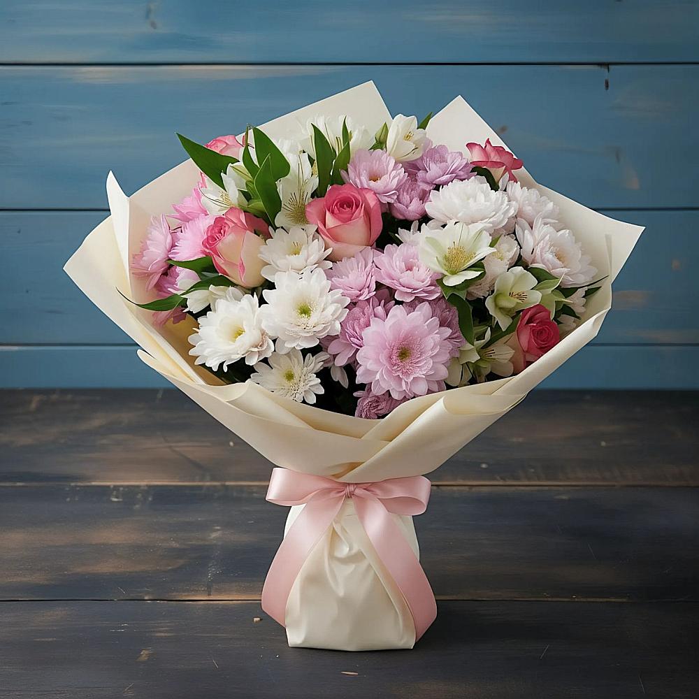 Букет цветов из: Хризантемы, Альстромерии и Розы в Шатрово